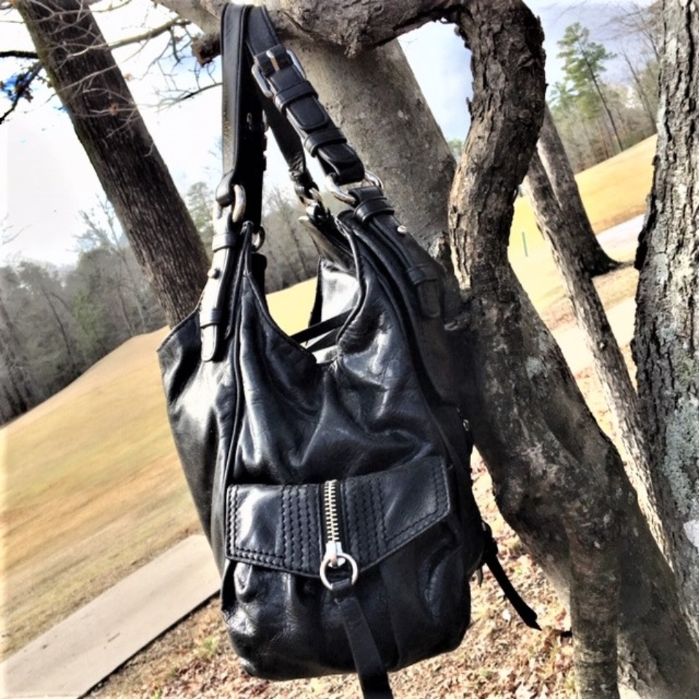 Italian Designer Francesco Biasia Black Leather Hobo Punk Biker Handbag Purse - Picture 3 of 11